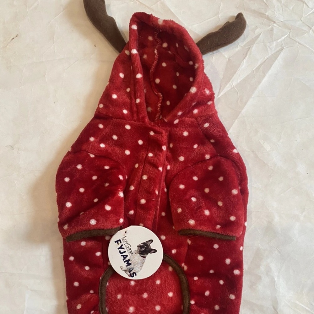The LuvGear Red Polka Dot Reindeer Fleece Dog Pajamas in size M